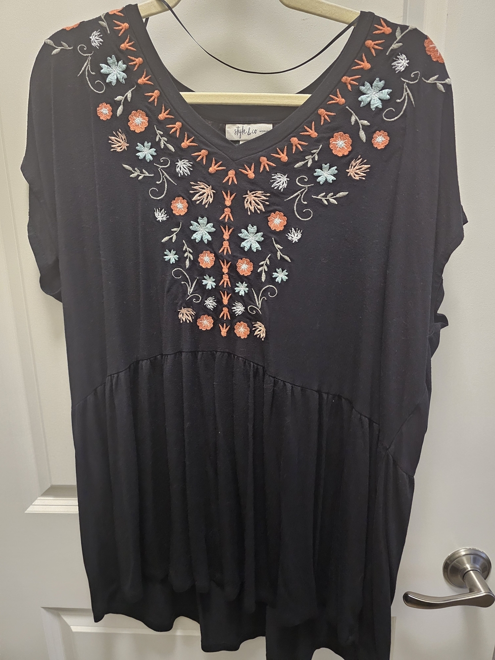 Style & Co. Black V-Neck Tunic with Coral and Light Blue Embroidery